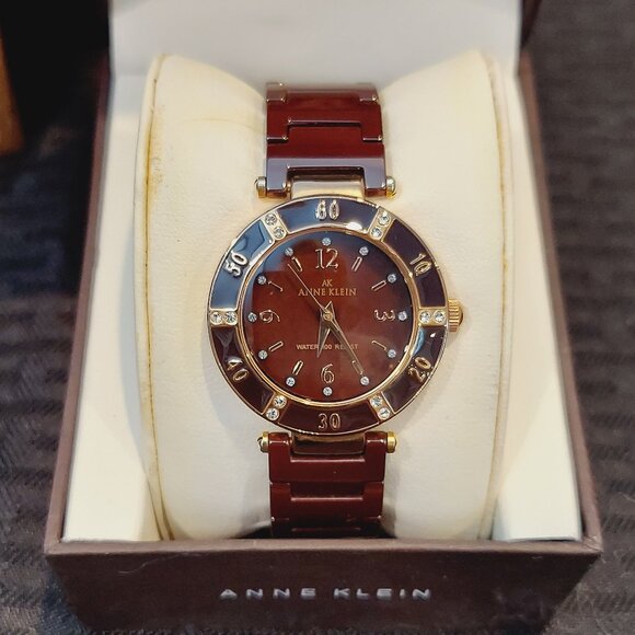 NIB ANNE KLEIN ROSE GOLD TONE BROWN CERAMIC WATCH WITH SWAROVSKI CRYSTALS - Picture 4 of 15